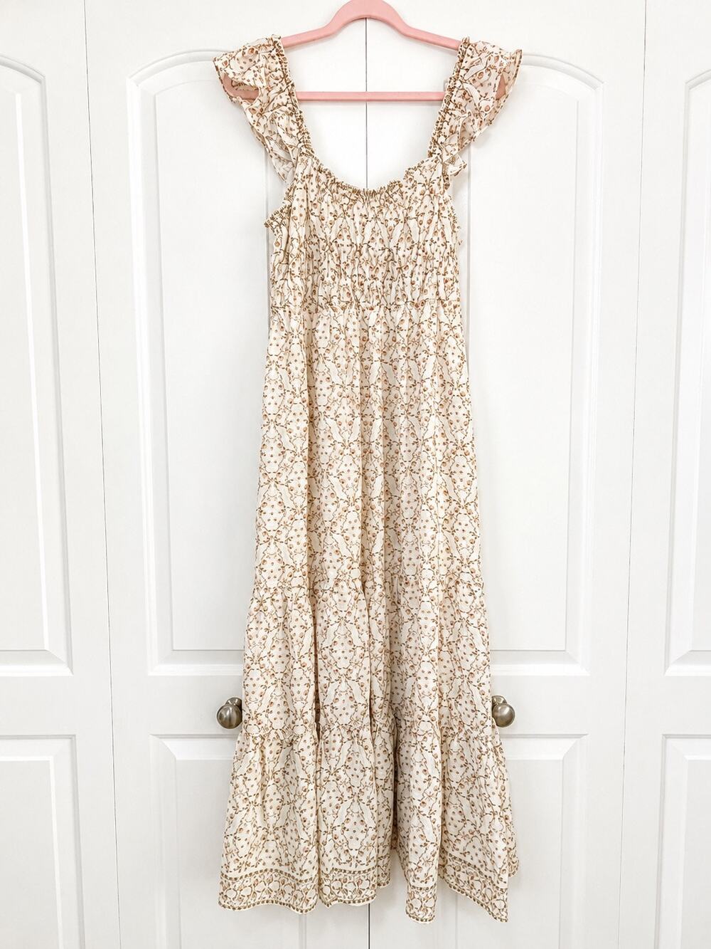 Max Studio London Floral Smocked Ruffle Sleeve Tiered Maxi Dress Cream 4912X59